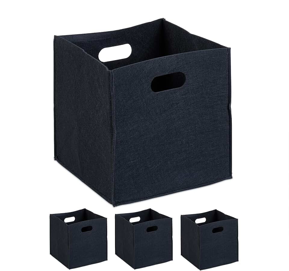 Relaxdays Aufbewahrungsbox 4er Set, Faltbare Regalboxen, HBT: 30 x 30 x 30 cm, Grifflöcher, Faltboxen aus Filz, schwarz