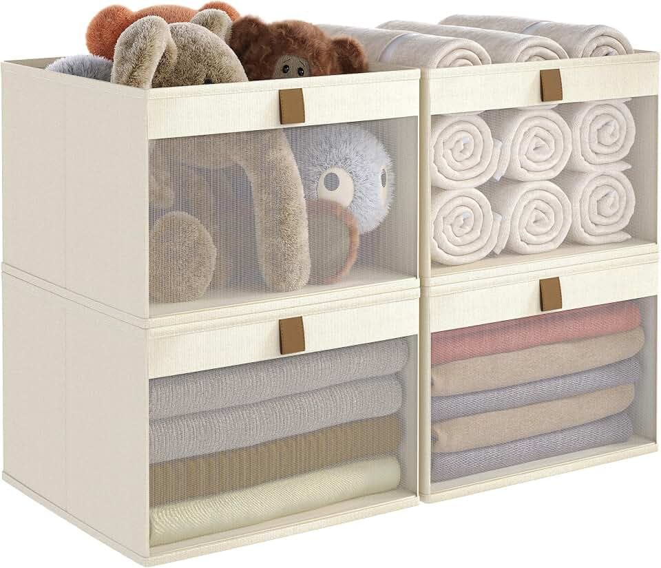 Linen Closet Organizers and Storage, Closet Storage Bins Basket Organizer, Foldable Organization Baskets with Mesh Window for Clothes Towels and Toys, 12.75" x 12.75" x 9", Beige, 4 pack