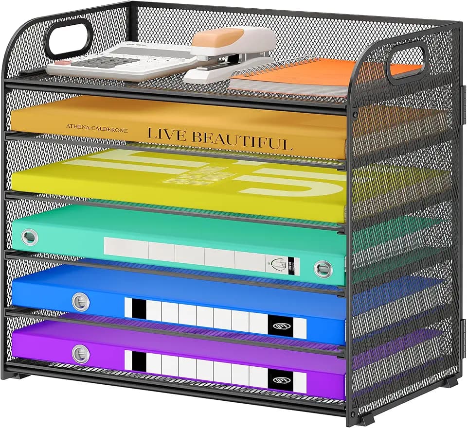 Cawukege Paper Organizer, Letter Tray with Handle, Mesh Desk Organizer, Metal File Organizer, Office Desk Accessories for Home, Office, Classroom, School (1, Black - 6 Tier, 12.6"x9.2"x13.4")