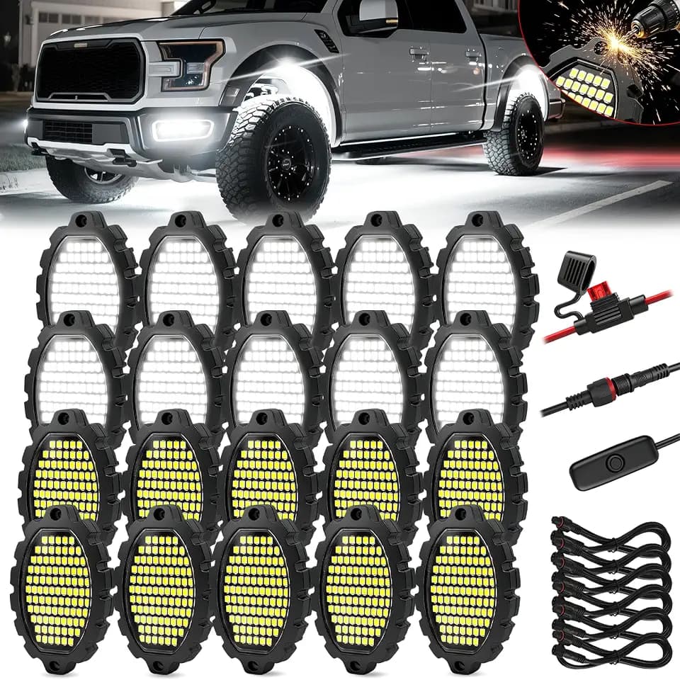 20 Pods Metal 1860 LEDs Pure White Rock Lights with Switch for Trucks