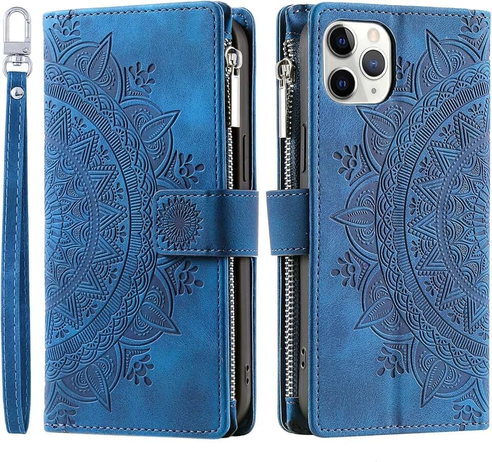 Handyhülle für iPhone 11 Pro hülle Klappbar Blumen Handytasche Schutzhülle Klapphülle mit Kartenfach Handy Tasche Book Cover Flip Case Ständer - Blau