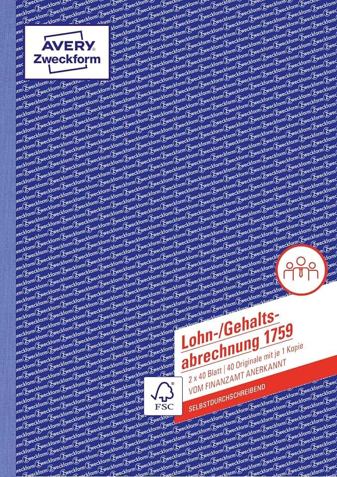 AVERY Zweckform 1759 Lohn-/Gehaltsabrechnung (A4, selbstdurchschreibend, für Deutschland, von Rechtsexperten geprüft und vom Finanzamt anerkannt, 2x40 Blatt) weiß/gelb
