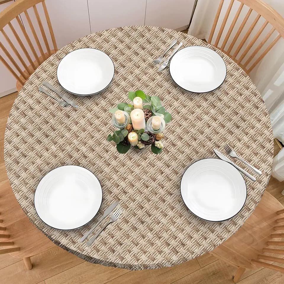 Weave Printed 48 Inch Round Fitted Cloth Tablecloth with Elastic Edged, Waterproof Oil Proof Wipeable Table Cover for Indoor Outdoor Patio Table, Fits Round Tables Up to 46" - 50" Diameter