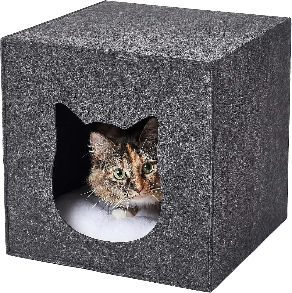Relaxdays Katzenhöhle, Filz, HxBxT: 33 x 33 x 37 cm, Katzenhaus für Regale, faltbar, mit Kissen, Katzenbett, dunkelgrau