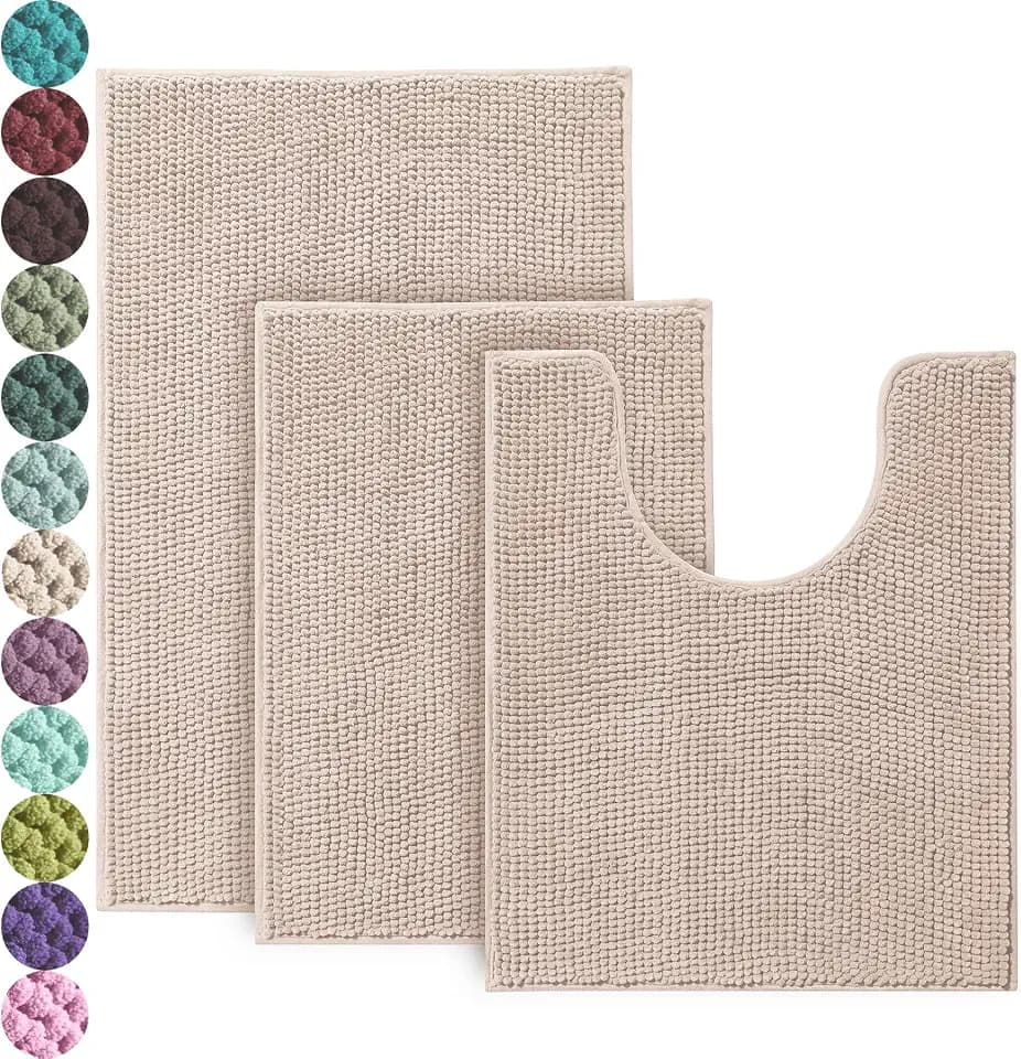 Urvoix Bathroom Rugs Sets 3 Piece, Non-Slip Chenille Bath Rug Set