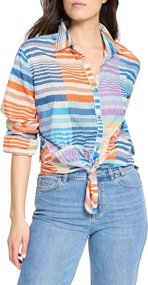 NIC+ZOE Women's Sunset Stripe Cotton Boyfriend Shirt