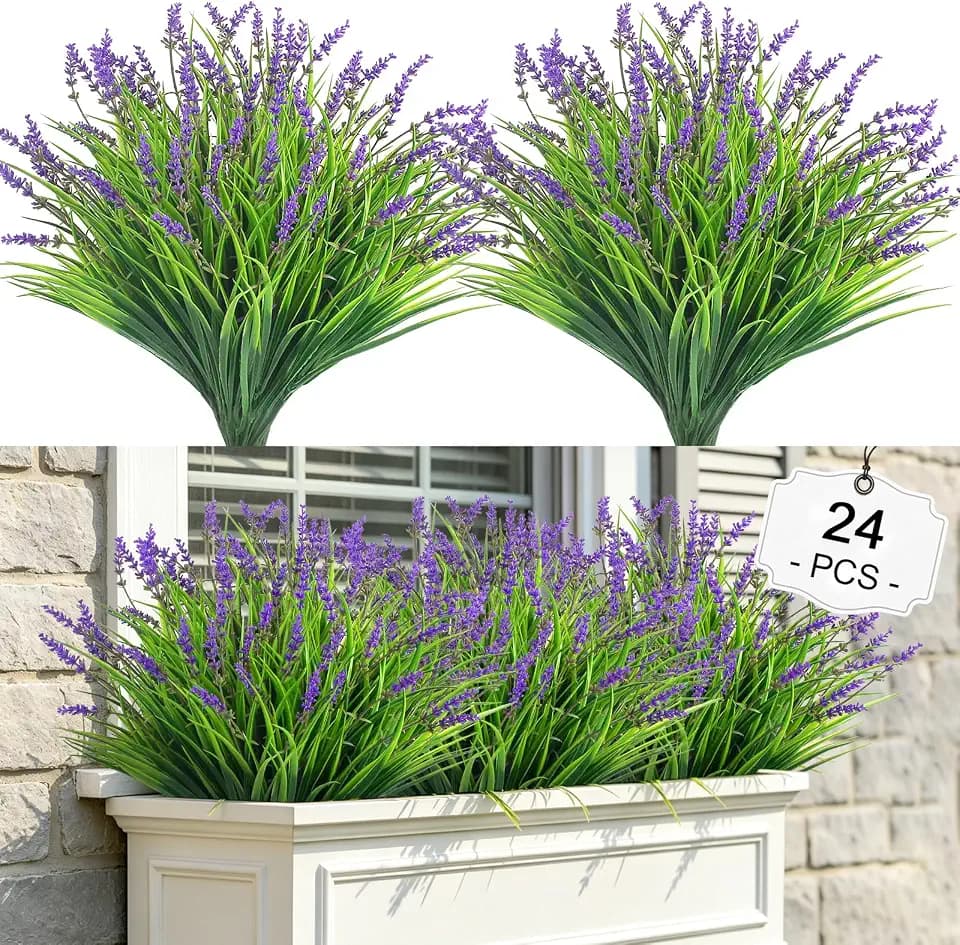 24 Bundles Artificial Plants & Flowers Adjustable Height Fake Lavender Flowers, UV Resistant No-Fade Plastic Plants, Faux Monkey Grass for Home Porch Garden Window Box Indoor Outdoor Decor