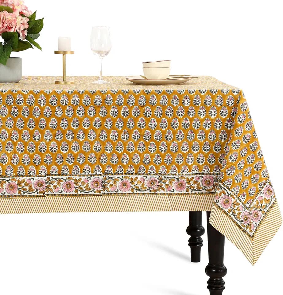 CPC Tablecloth 100% Cotton 60x60 Inch Indian Block Print Square Table Cover, Table Cloth for Weddings, Spring/Summer, Barbeque - Yellow Citrine