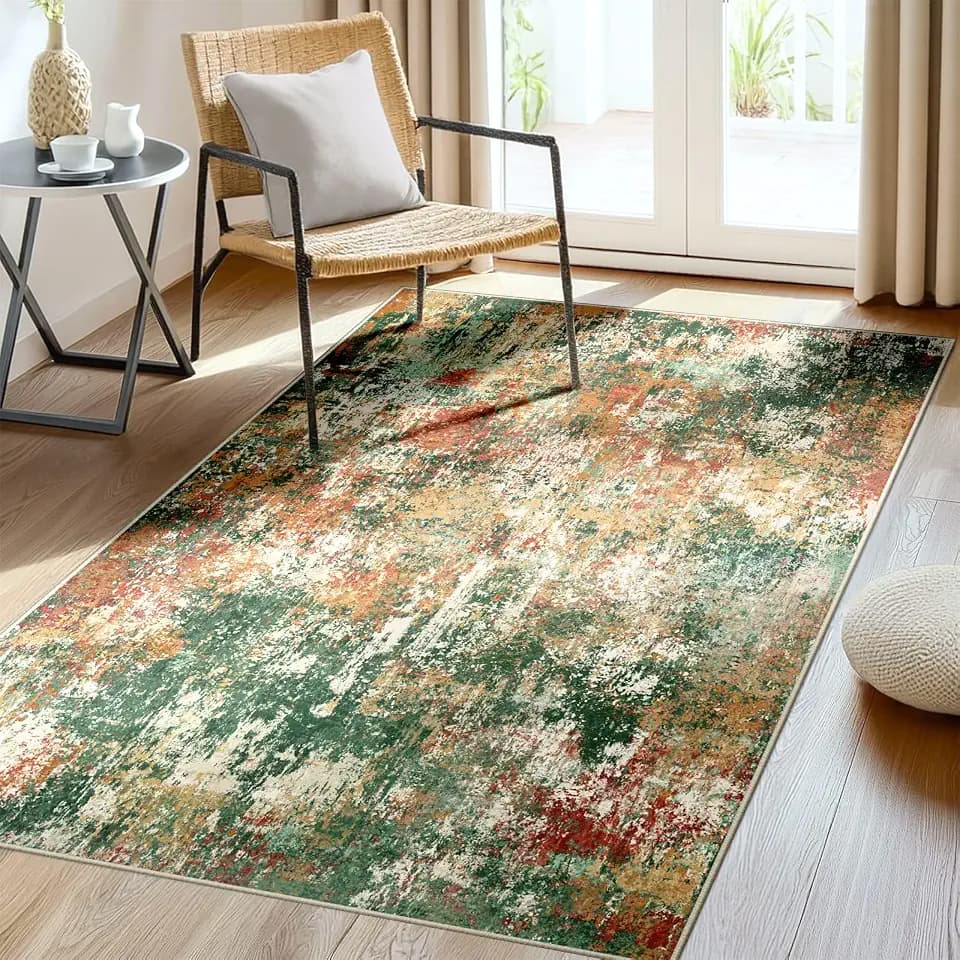 RELEANY Washable 3'x5' Abstract Area Rug for Living Room Green Multi