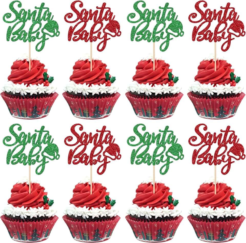 24 PCS Chrsitmas Santa Baby Cupcake Toppers Glitter Christmas Hat Cupcake Picks Santa Baby Shower Cupcake Decorations for Gender Reveal Baby Shower Birthday Party Cake Decorations Supplies Red Green