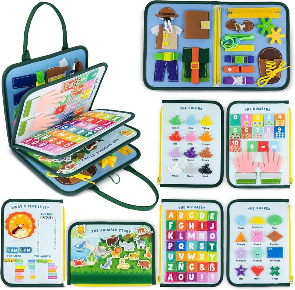 BONNYCO Montessori Busy Board Filz, 1 bis 4 Jahren, 8 Sensorische Tafeln