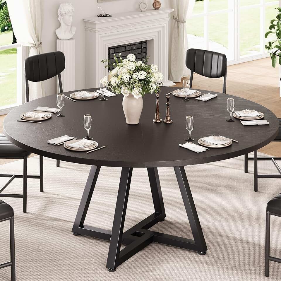 Jocoevol Runder Esstisch für 4-6 Personen, Küchentisch mit stabilem Metallgestell, platzsparender Esszimmertisch im Industrial Design (Schwarz, 130x130x76cm)