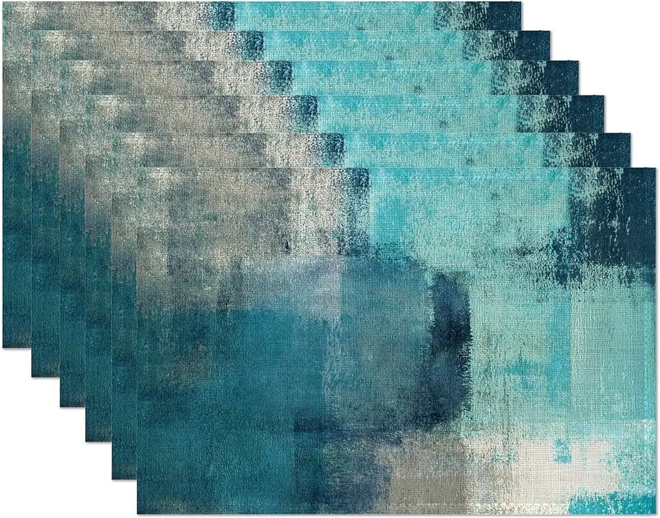 Turquoise Grey Placemats Set of 6,Modern Art Teal Place Mats Heat Resistant Washable Non-Slip Table Mats for Party Kitchen Dining Decor 12x18 Inch