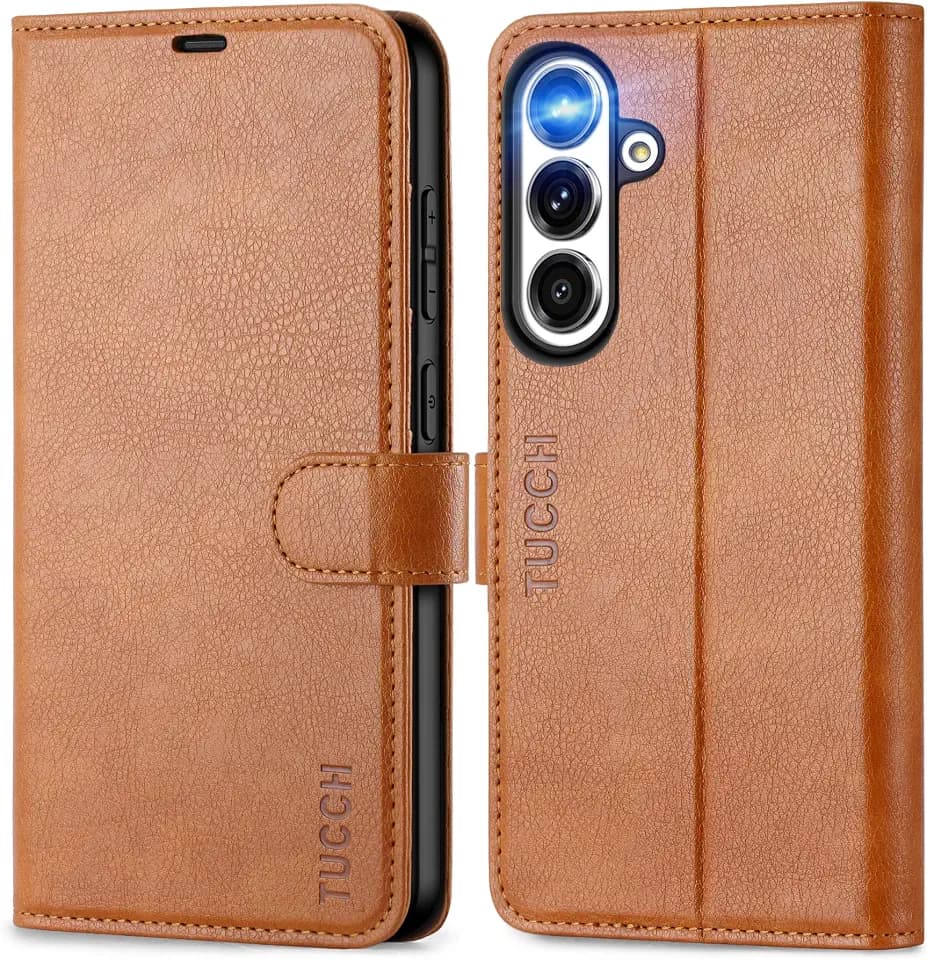 TUCCH Case Wallet for Galaxy S25+ Plus, RFID Blocking Folio, Light Brown
