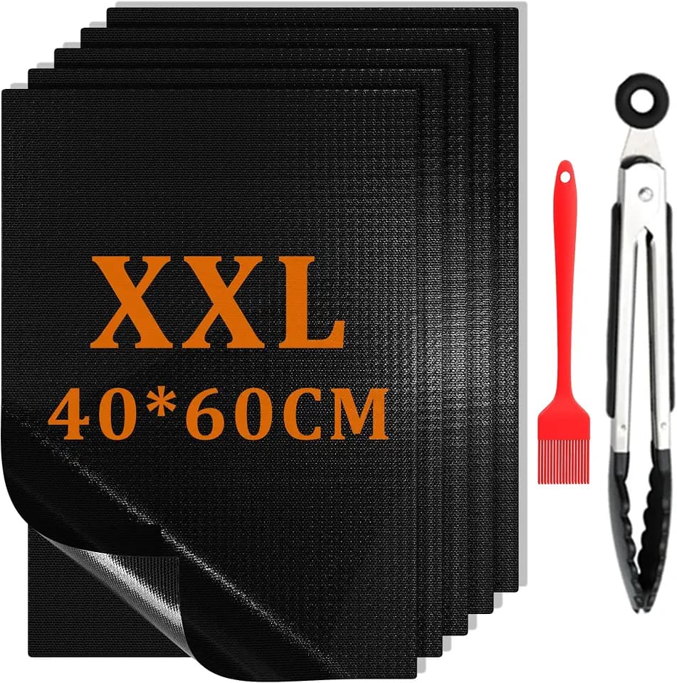 Grillmatte 40x60cm 5er Set mit Grillrost und Ölpinsel, Antihaft Wiederverwendbar Hitzebeständig Spülmaschinenfest, BBQ Zubehör für Gasgrill Holzkohlegrill Elektrogrill Camping