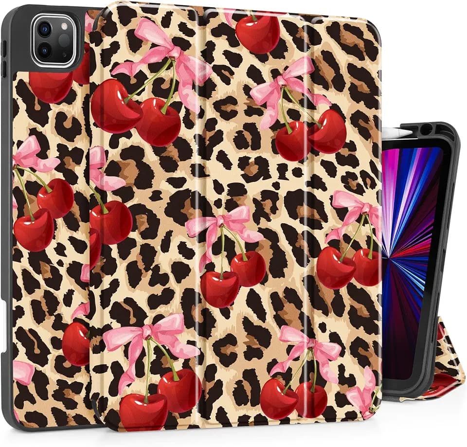 May Chen Case for iPad Pro 11 inch (4th, 3rd, 2nd & 1st Gen) 2022 2021 2020 2018, Trifold Stand + Pencil Holder + Auto Wake/Sleep + Soft TPU Protective Stand Back Cover, Cherry & Cheetah