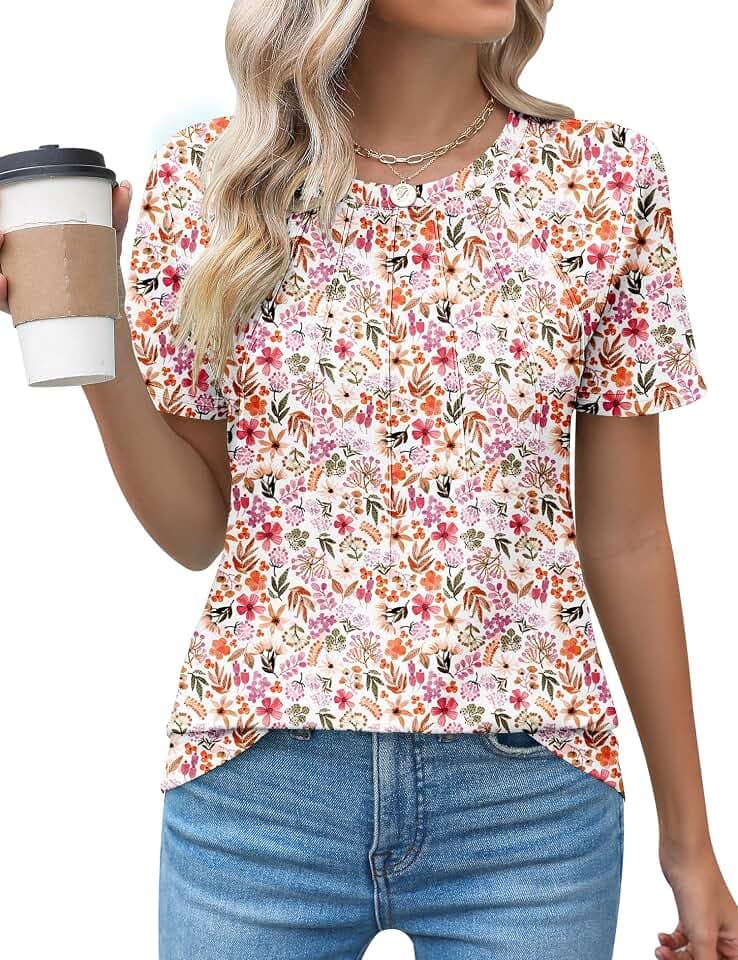 Kistore Womens Casual Crew Neck Shirts Short Sleeve Pleated Tops Blouses