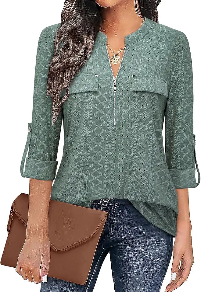 Bulotus 3/4 Length Sleeve Womens Striped Tops Zipper V Neck Collared Blouses Business Casual Tunics 2026 Spring Trendy