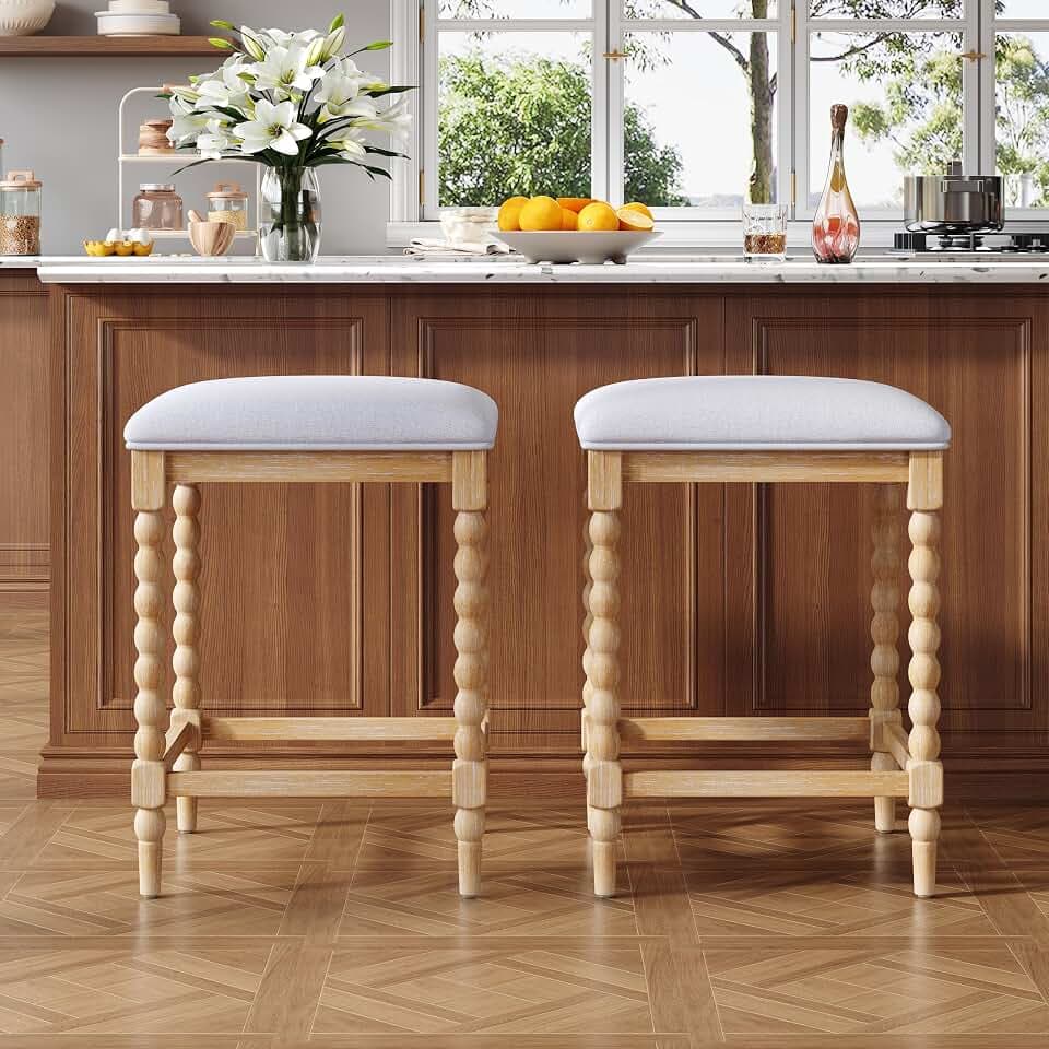 Merax Counter Height Bar Stools Set of 2, 26" Barstools with Upholstered Cushion, Backless Counter Stools with Solid Acacia Wood Frame, Bar Stools for Kitchen Island Dining Room, Natural