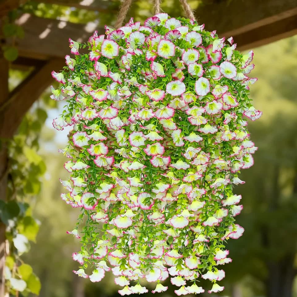 Artificial Faux Hanging Flowers Plants for Outdoor Outside Spring Summer Decor,4 PCS Morning Glory Fake Flowers Silk UV Resistant Realistic for Planter Front Porch Patio Garden Balcony（White Pink）