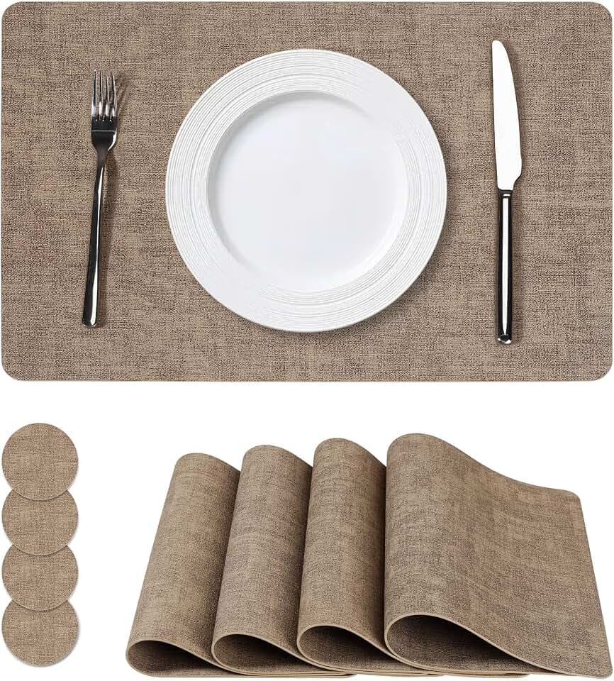 NCUE Vinyl Placemats Set of 4, 17"x12" Wipeable Place Mats with Coasters