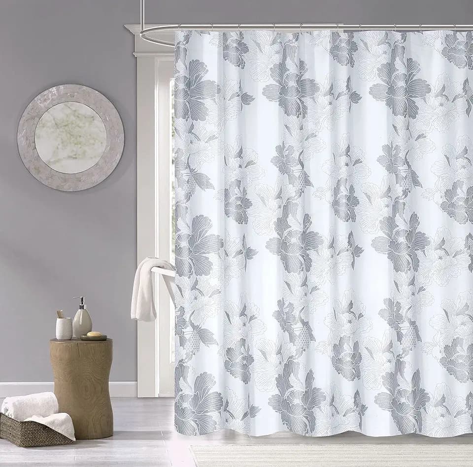 Cotton Soft Textured Shower Curtain - Printed Design Cotton in Floral Burst Silver 70" x 72" - Water Resistant Cotton, Washable Shower Curtain - Perfect Cloth Shower Curtain for Stylish Bathrooms