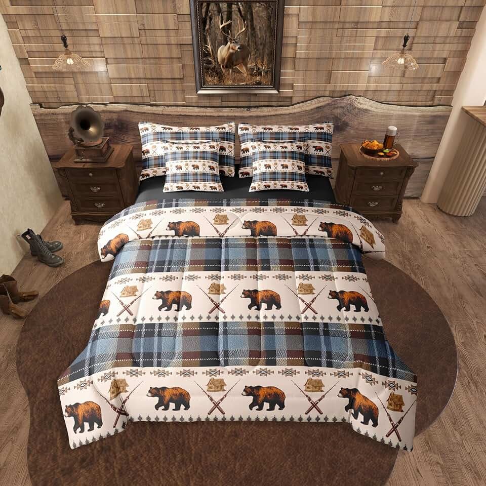 Erosebridal Buffalo Plaid Comforter Set with Sheets Queen Size Bear 7-Piece Bedding Set for Kids Boys Girls Wildlife Farmhouse Cabin Hunting Retro Blue Brown Lightweight Bed in A Bag