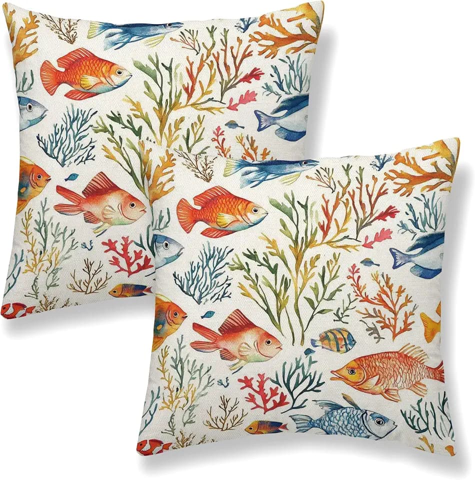 Summer Coastal Pillow Covers 16x16 Inch 2 Pcs Colorful Fish Coral Outdoor Decor Throw Pillows Nautical Beach Sea Ocean Themed Holiday Decoration Pillowcase Linen Cushion Cover for Couch Sofa