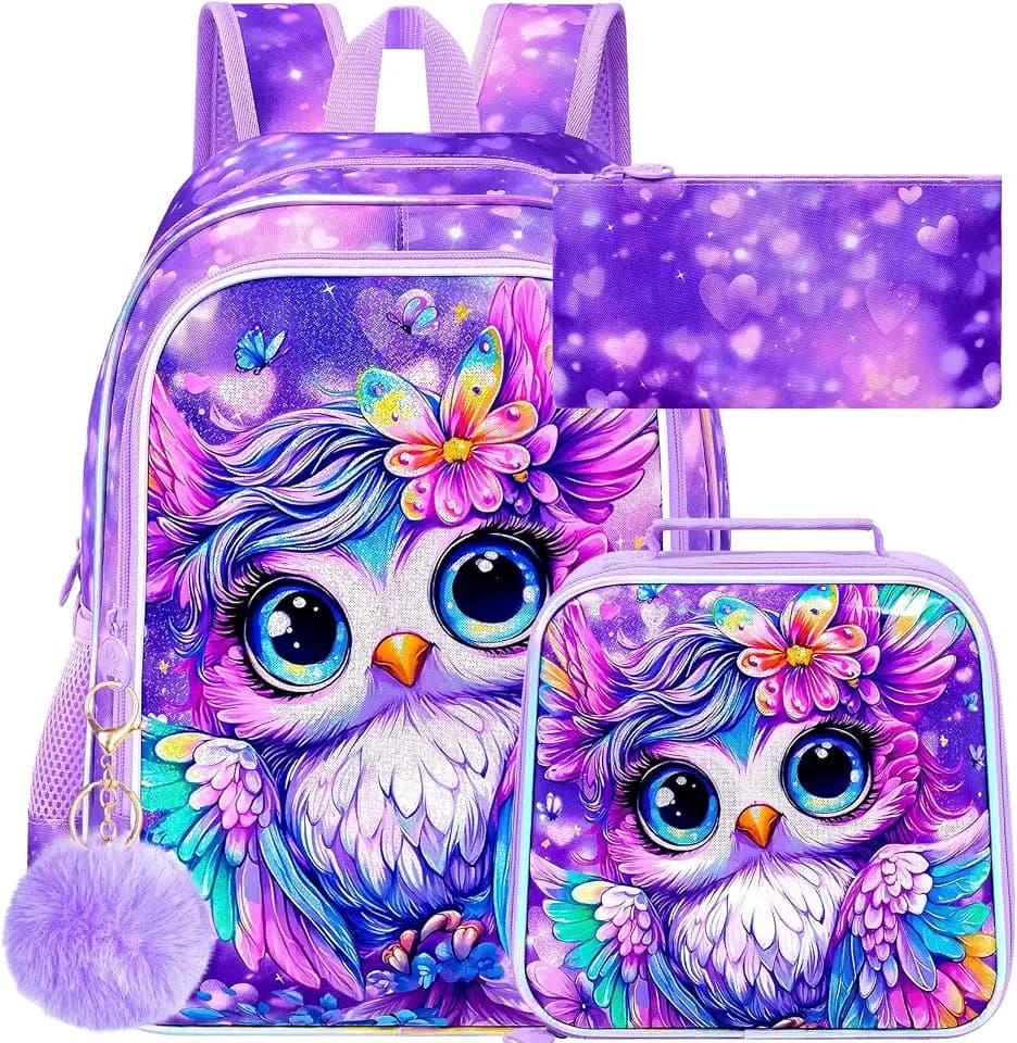 3Pcs Owl Backpack for Girls, 16" Kids School Backpacks with Lunch Box, Bookbag for Elementary Preschool Kindergarten (Purple)
