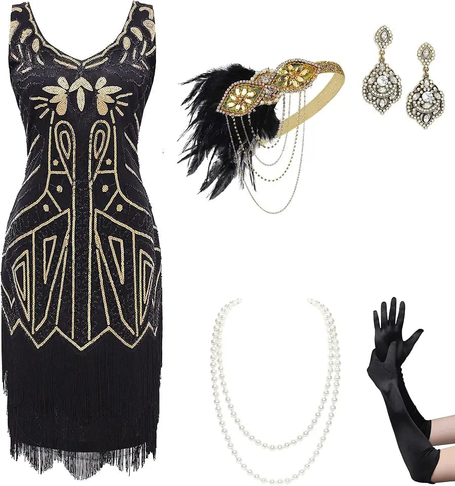 BABEYOND Women’s Flapper Dresses Set 1920s V Neck Beaded Fringed Great Gatsby Dress with Accessories Set