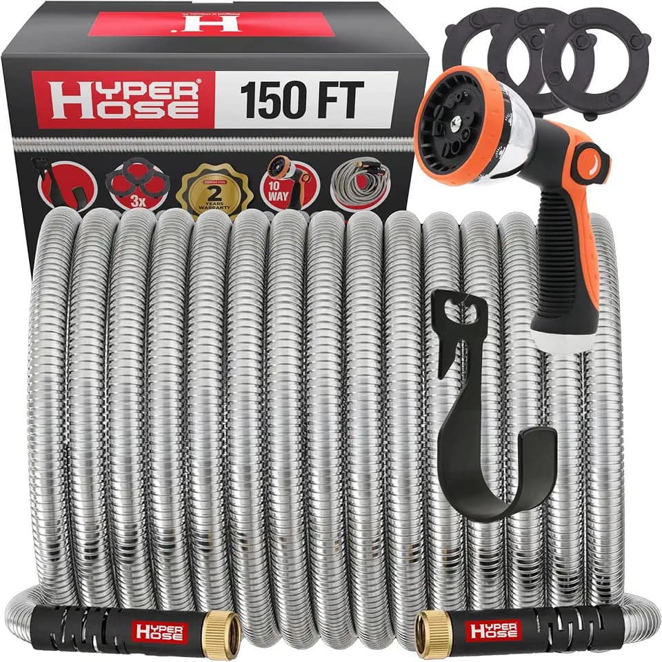 Best 150 ft Metal Garden Hose Set - No-Kink Durable 316 Stainless Steel, 10-Way Zync Spray Nozzle & Hook – Tough Flexible Heavy Duty Water Hoses, 5/8 in, Rust, Weather, LeakProof