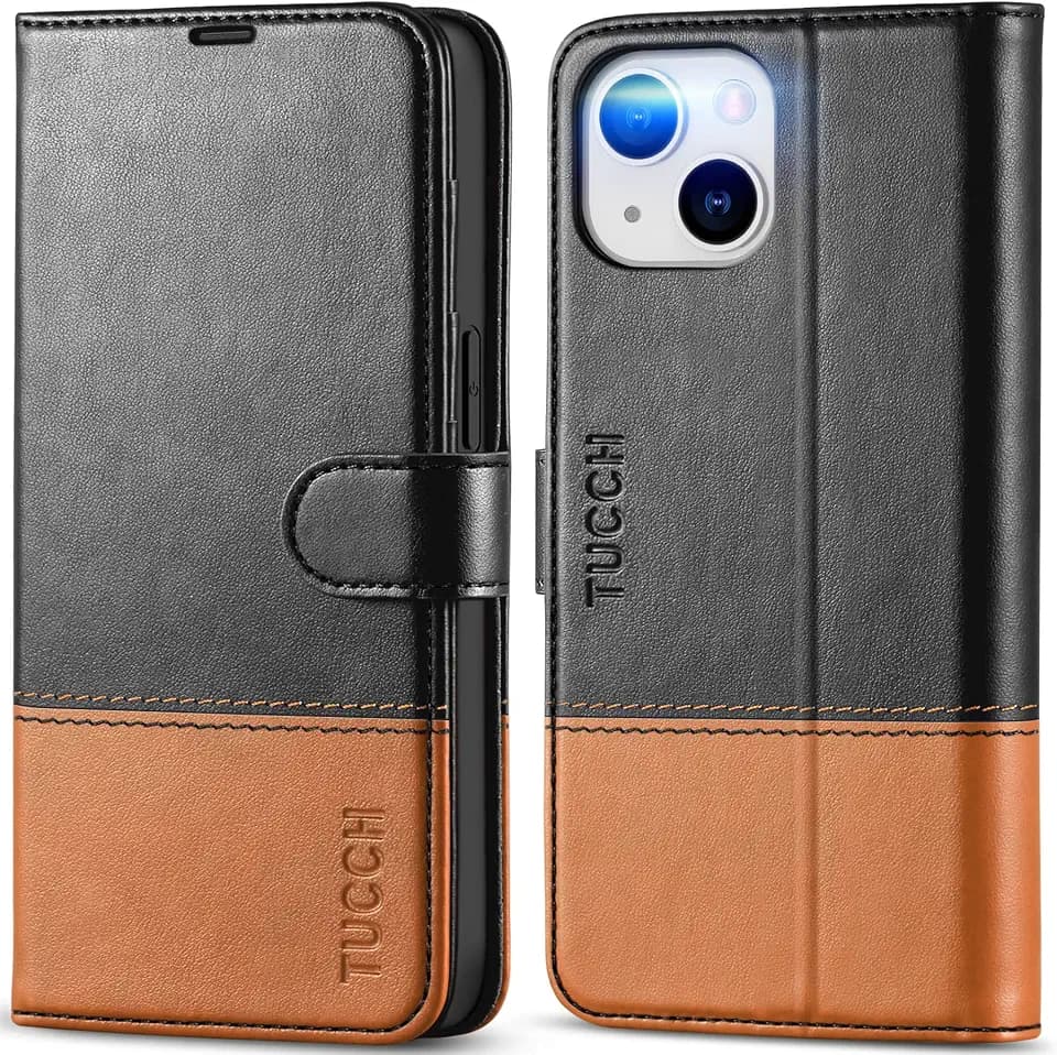 TUCCH Wallet Case for iPhone 14 (6.1") 2022, Flip Stand, Black & Brown
