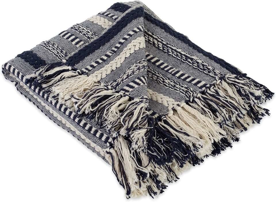 DII Braided Striped Throw Blanket, 50x60, Navy on Cream