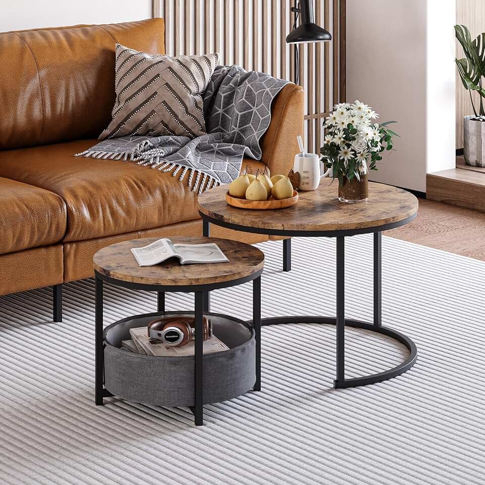 Couchtisch Rund, 2er Set Sofa Couchtisch Industrial Style, verschachtelte Beistelltische aus Metall und Holz, Vintage Sofa Tisches, Metall Satztisch Aufbewahrungstasche aus Stoff Braun