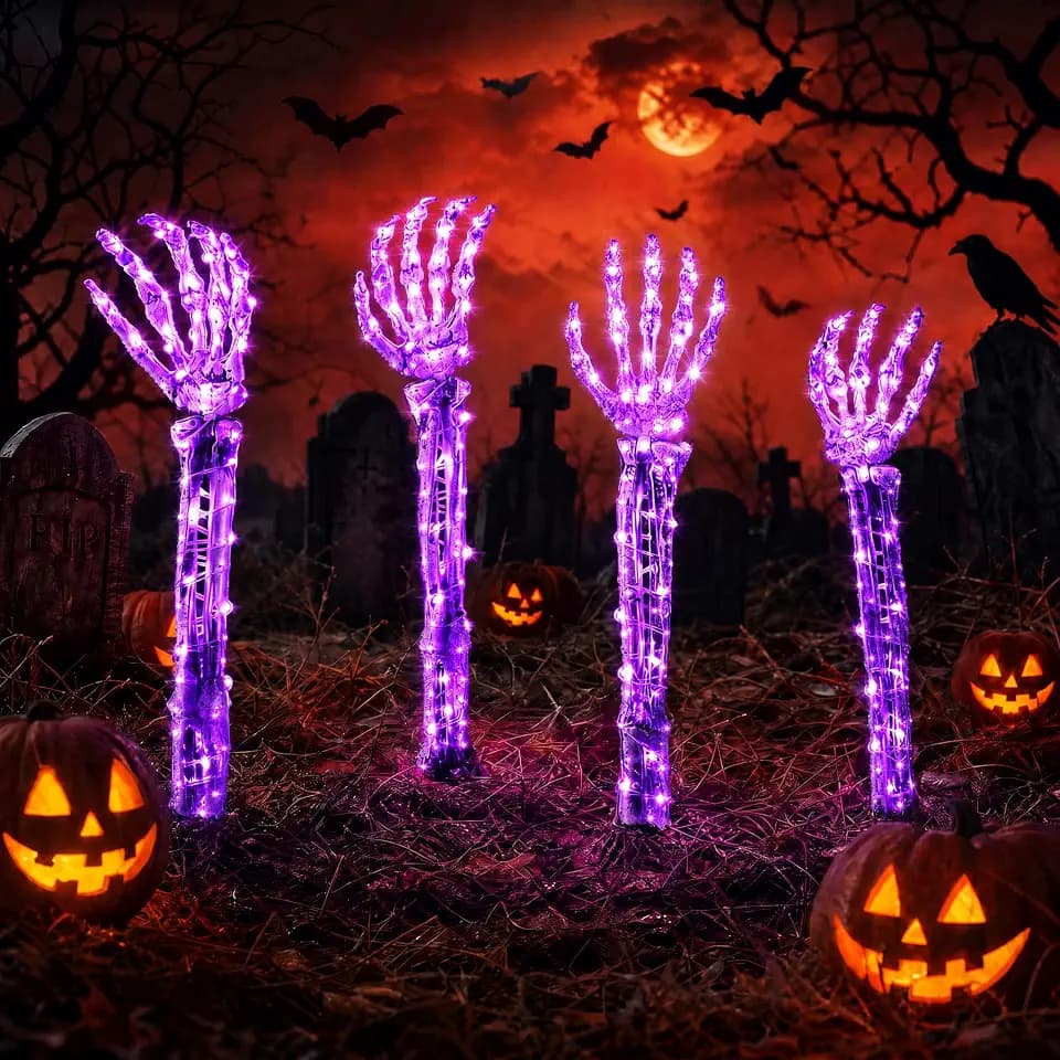 Halloween Skeleton Arm Stakes 4‑Pack, 160 Purple LED Battery‑Powered Lights
