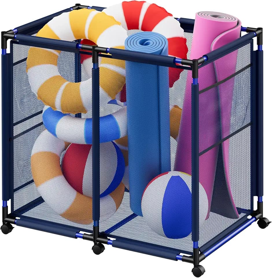 Large Pool Storage Bin, Metal Rolling Float Swimming Equipment Holder Organizer Cart with Mesh, Blue L