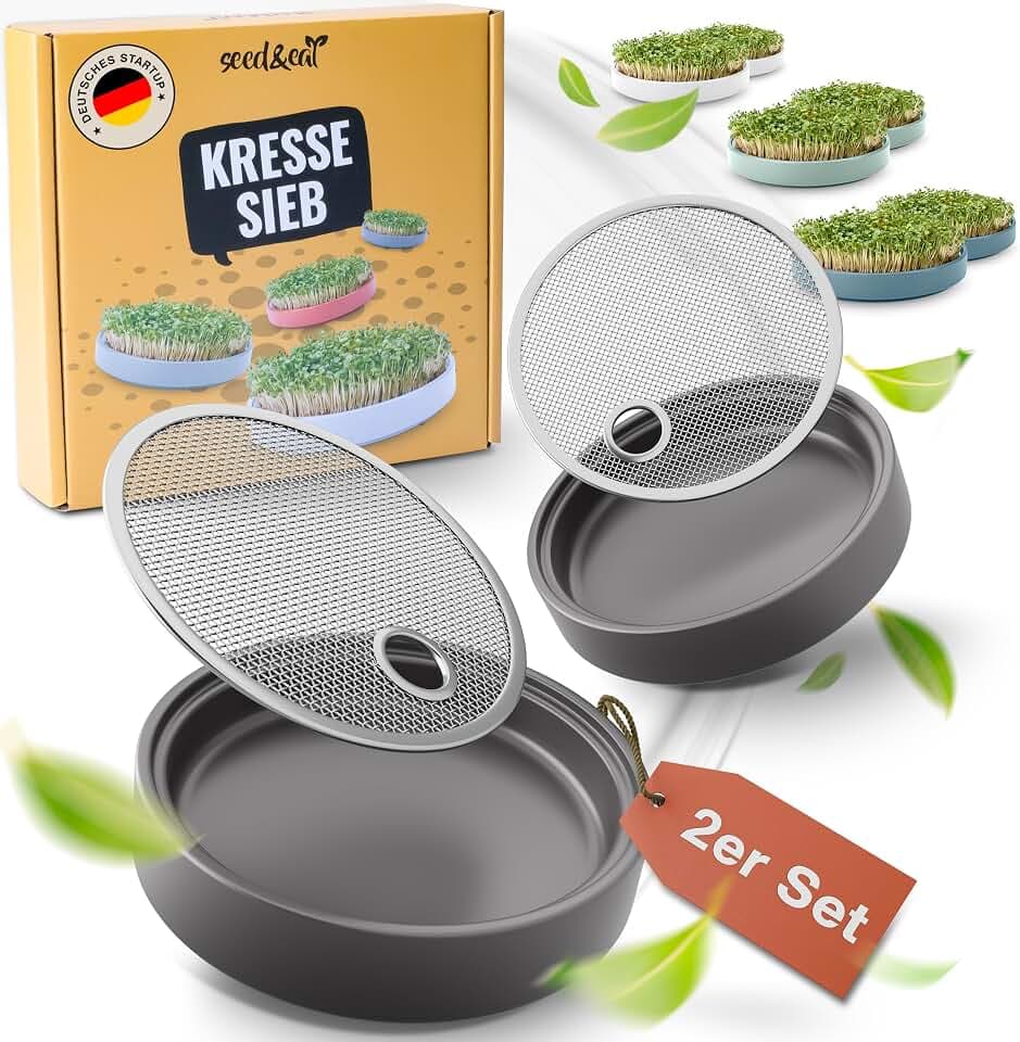 Kressesieb (13cm) - 2er Set, Anzuchtschale für Kresse & Microgreens, mit Sprossenheft [E-Book], Keramikschale + Edelstahlsieb