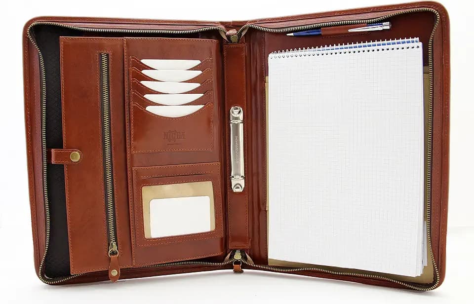 Portfolio aus italienischem Leder, A4-Ordner mit Reißverschluss, Padfolio 2-Ringbuch, Ledermappe mit Griff (Cognac)