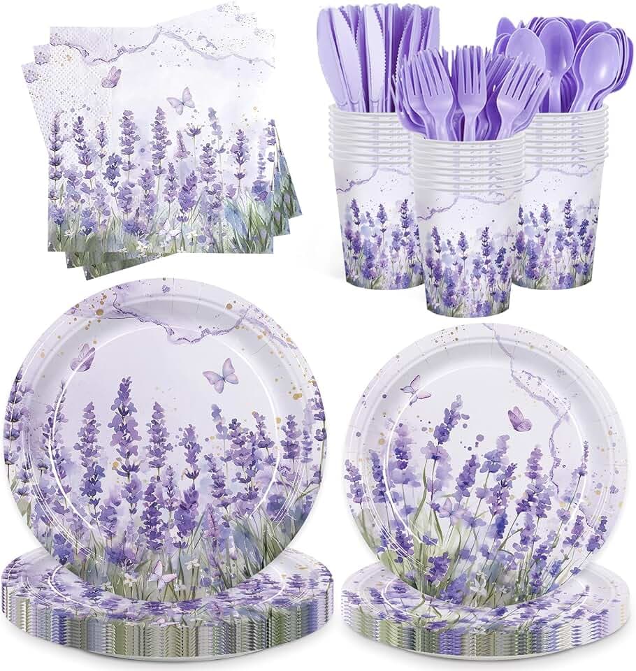 168pcs Purple Lavender Floral Paper Plates Napkins Party Supplies Serve 24