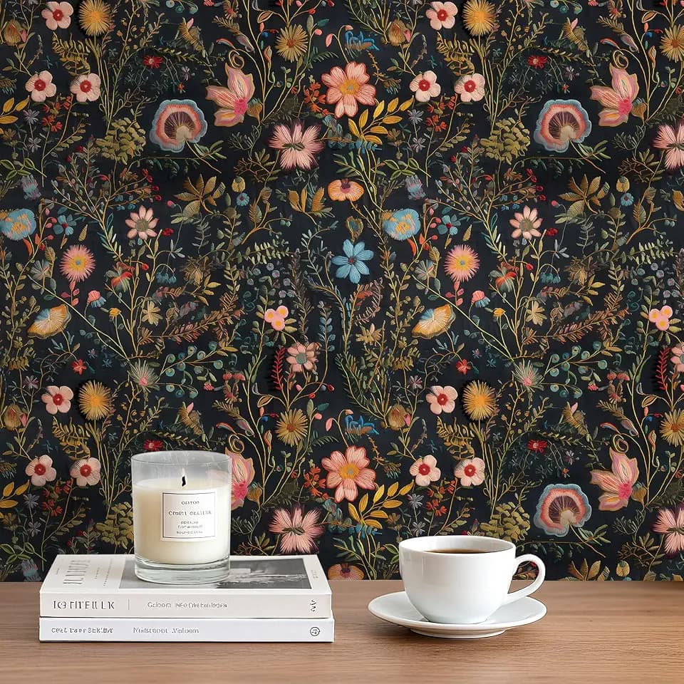 Decotalk Vintage Floral Wallpaper Black Floral Peel and Stick Wallpaper - 17.5x354 Inch Flowery Wall Paper for Bathroom Bedroom Black Flower Cabinet Vinyl Wrap Flower Wallcovering Vintage