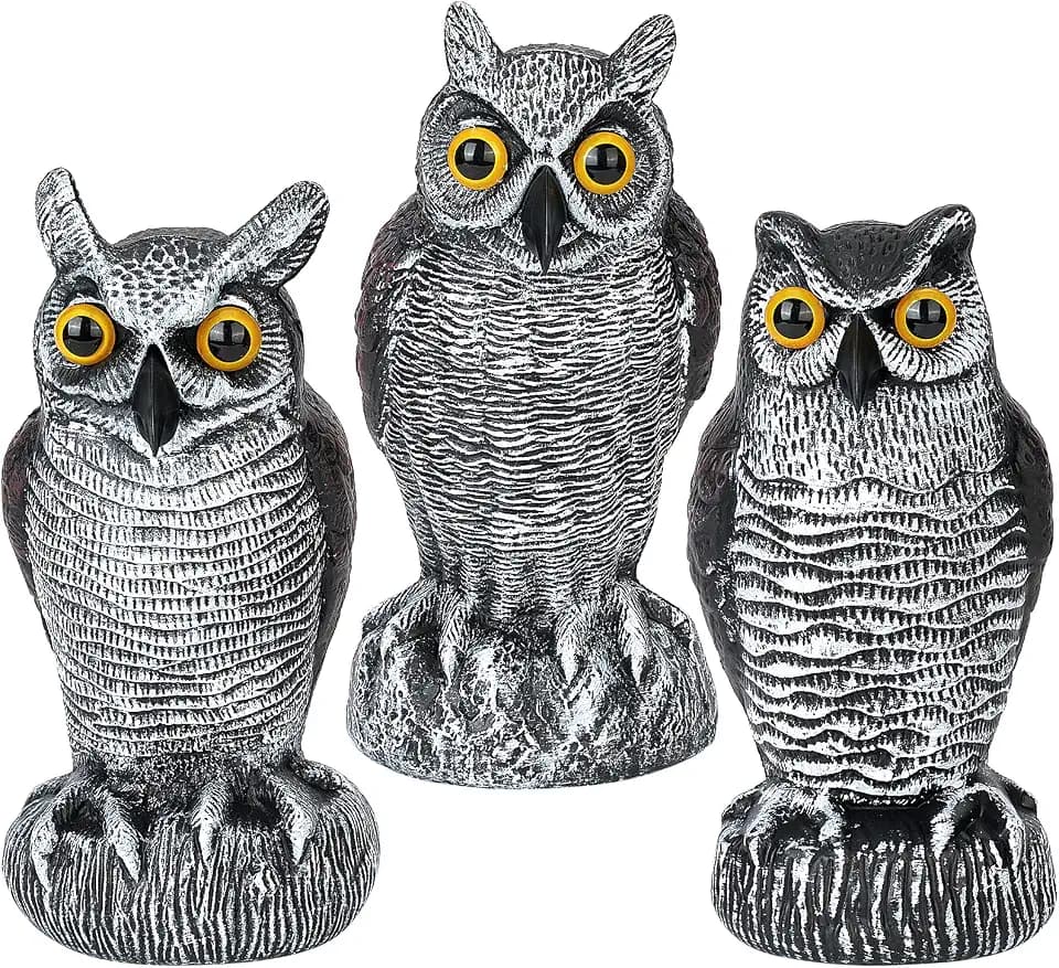 3-Pack Owl Decoys for Bird Deterrent - Weatherproof Bird Repellent Devices for Outdoor Use - Plastic Owls to Scare Birds Away and Control Garden Pests