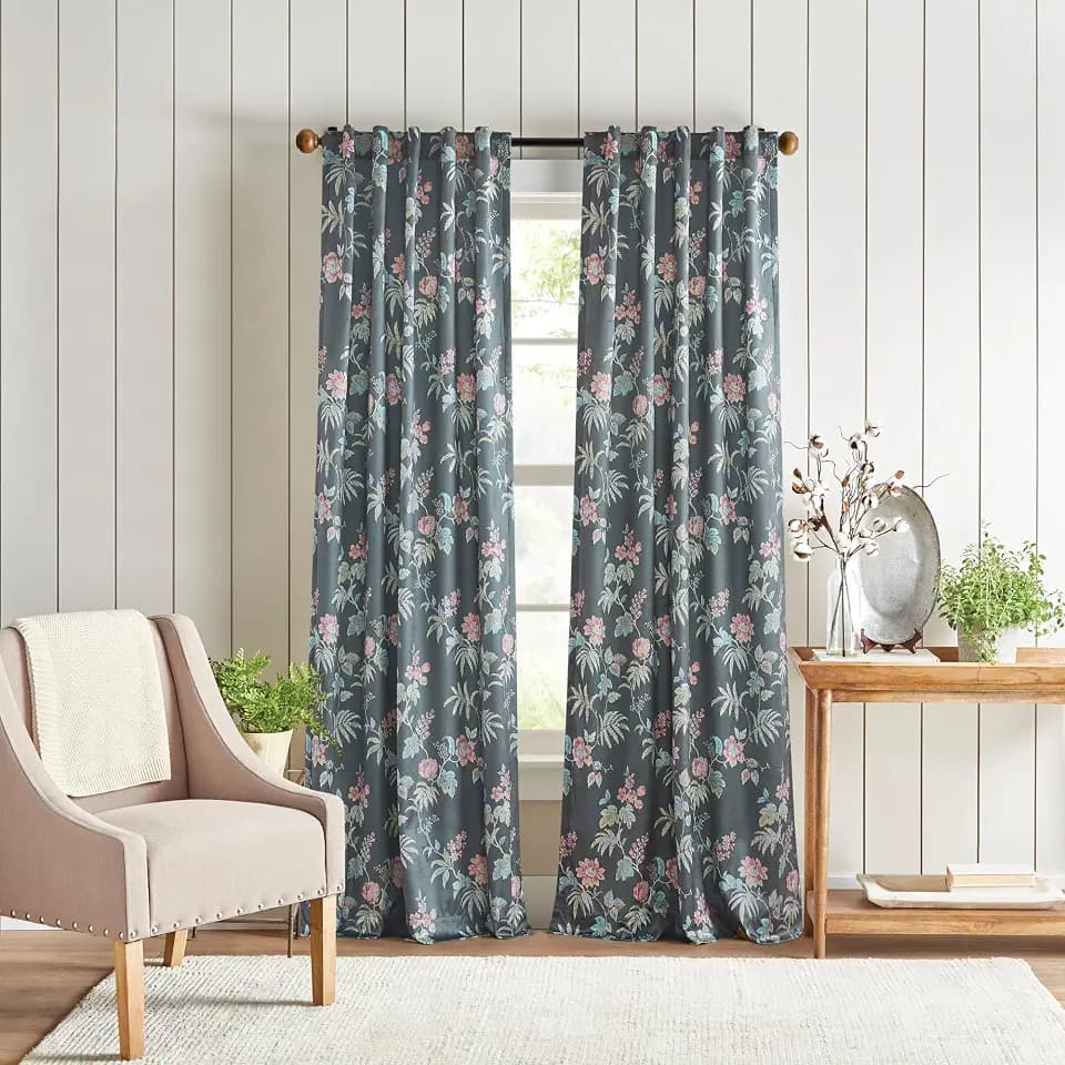 Martha Stewart Floral Curtains Room Darkening Botanical Flower Grey Back Tab Window Curtain Panel Pair, Norah, 84", Charcoal