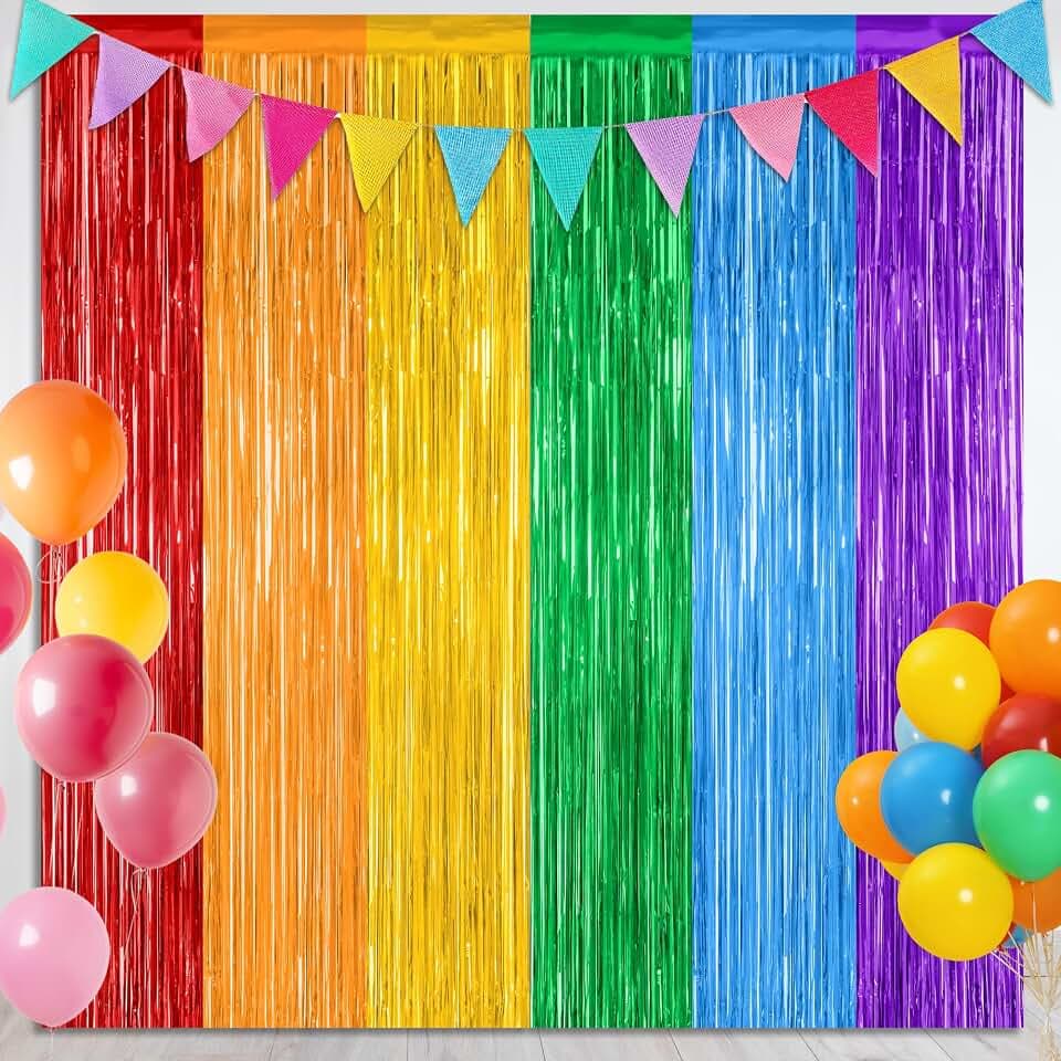 2 Pack Rainbow Backdrop Curtains, 3.28 FT x 7.05 FT Colofull Party Decorations, Metallic Tinsel Backdrop Fringe Curtains Party Streamer, Rainbow Party Supplies for Wedding Birthday Party Engagement