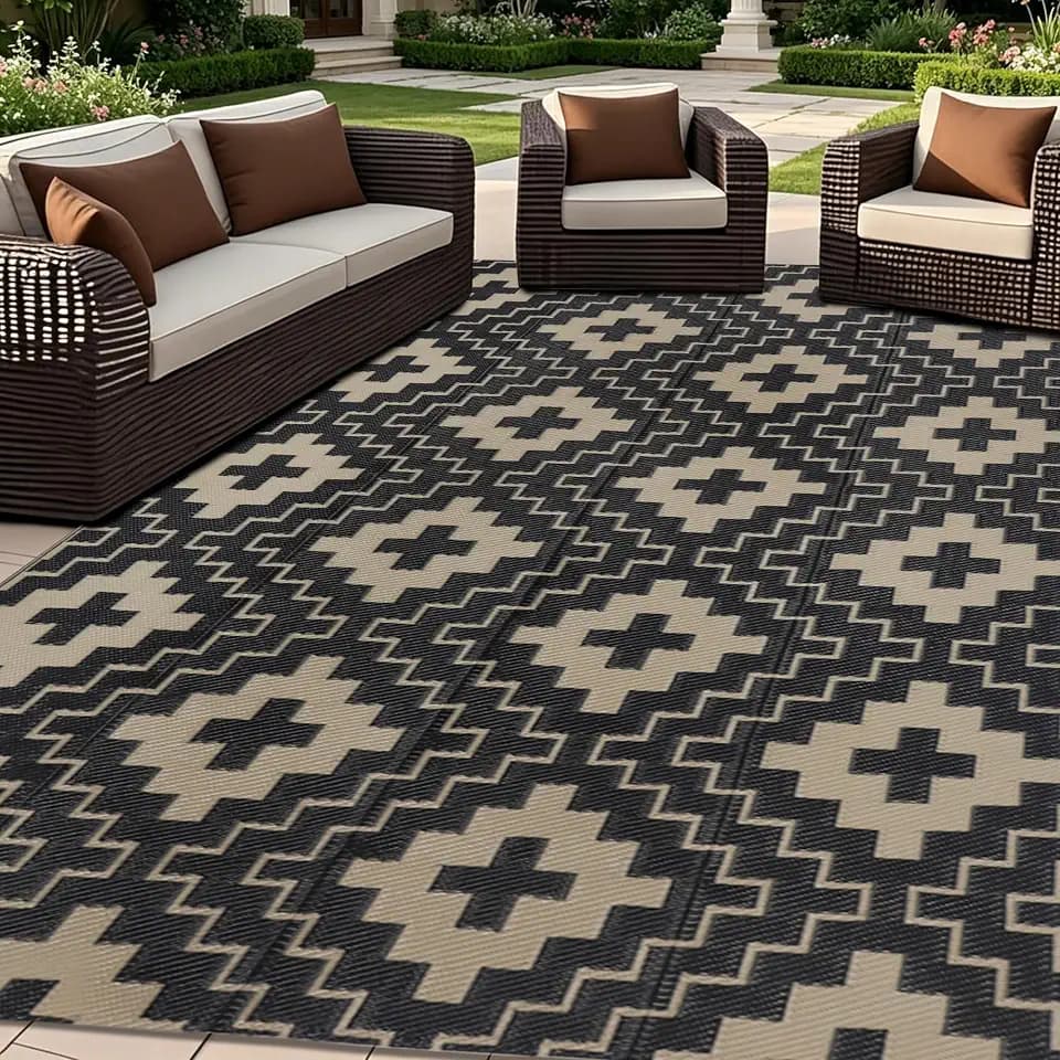 SAND MINE Waterproof Outdoor Rug 5x8 ft, Reversible Plastic Straw Area Rug, Large Floor Mat for Patio, Backyard, Deck, RV, Camping, Picnic, Beach, Balcony & Porch - Black & Beige