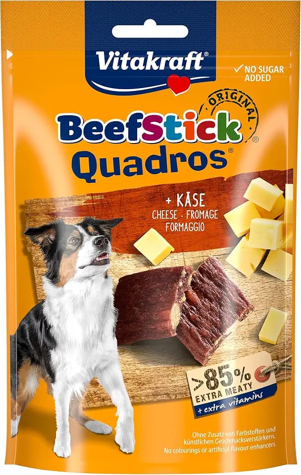 Vitakraft Beef Stick Quadros, Hundeleckerli, Fleischsticks in Rauten mit Käse, Hunde Trainingsleckerli, ohne Zusatz von Zucker (1x 70g)