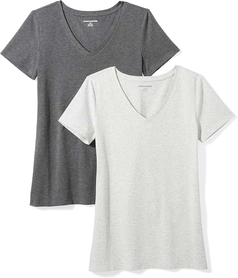 Amazon Essentials Women's Regular-Fit Short-Sleeve V-Neck T-Shirt, Pack of 2