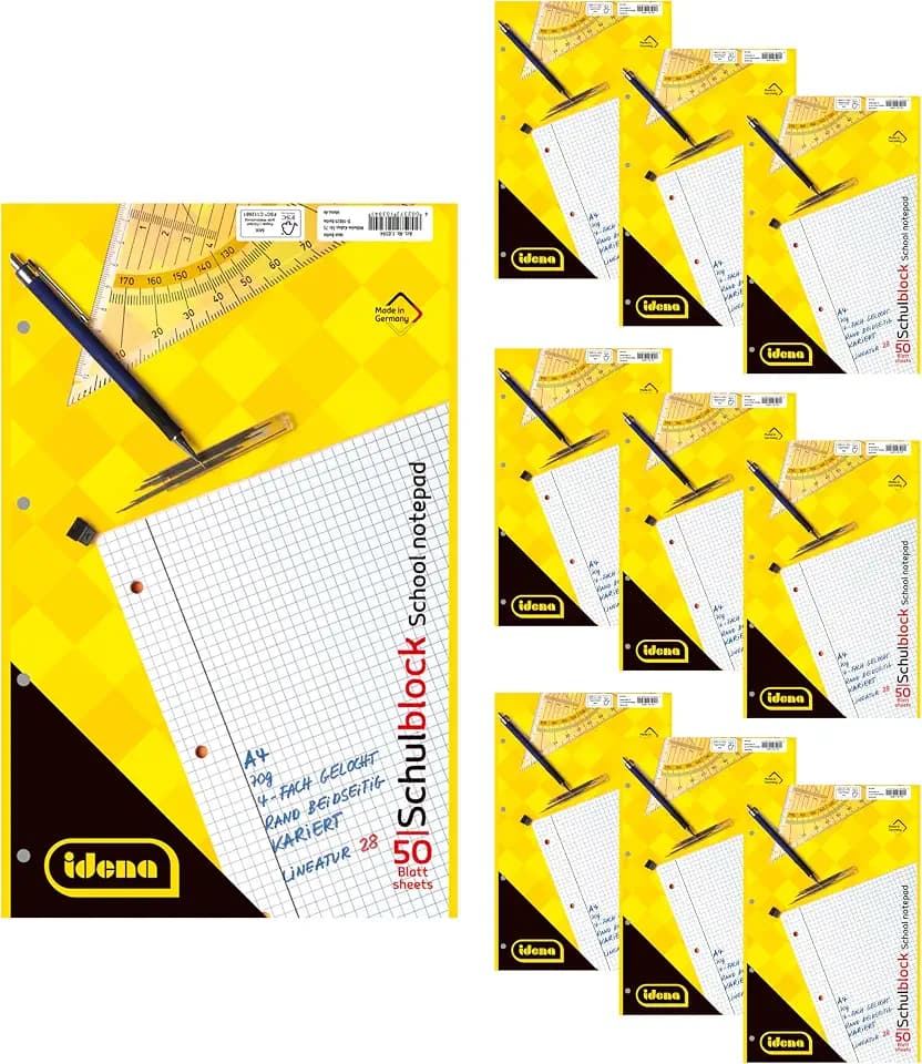 Idena 90388 - Block kariert A4, 10 Stück, Schulblock mit 50 Blatt und Doppelrand, 70g/m² Papier 4-fach gelocht und kopfgeleimt