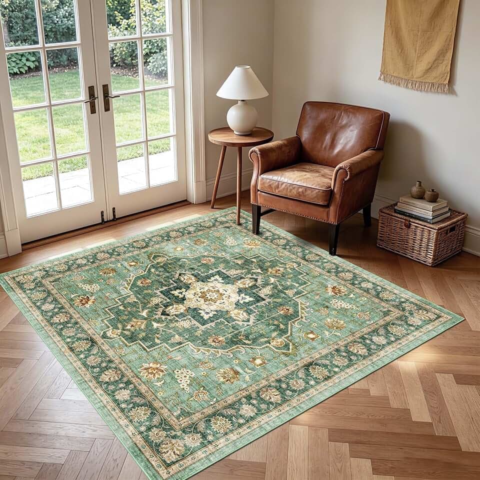 Washable 5x5 Square Rug Entryway: Non-Slip Dog Cat Household ForestGreen