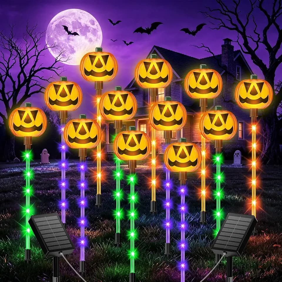 Upgraded Solar Pumpkin Lights Outdoor Halloween Decorations, 12 Pack