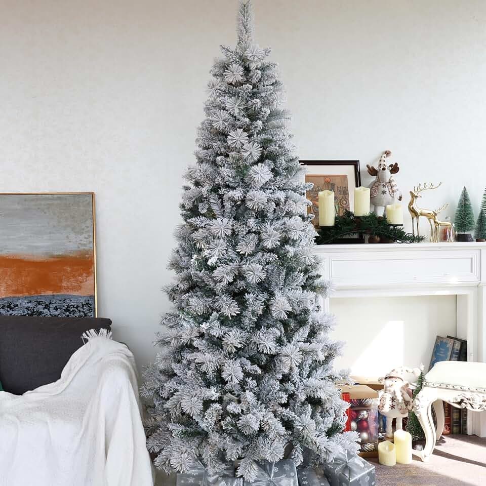 Asinse 180 cm Slim Schneebestäubter Weihnachtsbaum – Premium Qualität Unlit Pencil Klappbar Kiefer Tree, Weiß Heavy Snow Flocking, 650 Branch Spitzen, Kiefer Needles, Easy Assembly